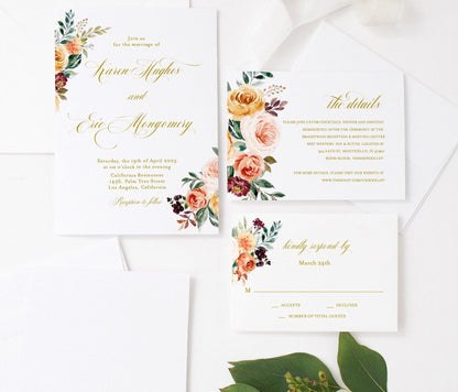 Floral Wedding Invitation, Printed Wedding Invites, Fall Wedding Invitation Set, Golden Floral Wedding Suite  [ ]