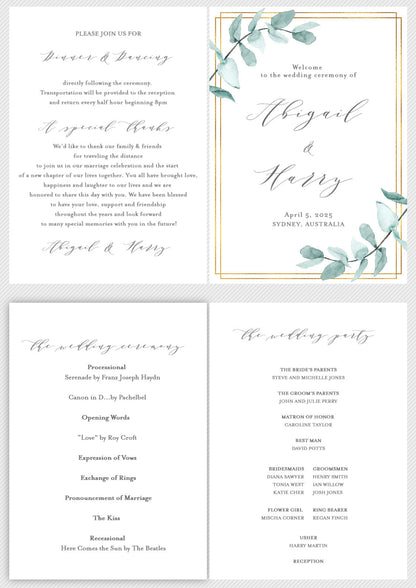 Folded Wedding Ceremony Card, Greenery, Geometric, Wedding Details Card, Gold Wedding, Rustic Wedding, Template, Nature Wedding - Abi MENU|PROGRAMS|TIMELINE SAVVY PAPER CO