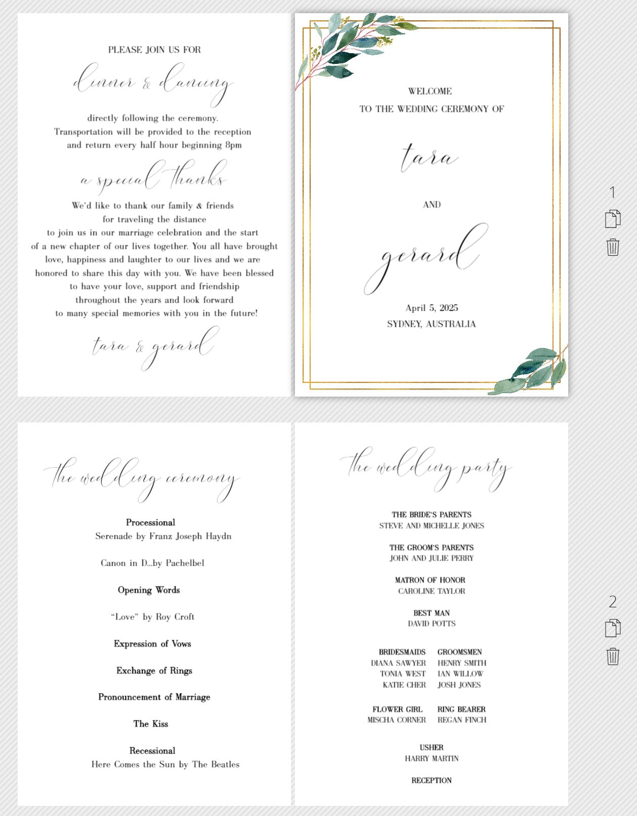 Folded Wedding Ceremony Card, Greenery, Geometric, Wedding Details Card, Gold Wedding, Rustic Wedding, Template, Nature Wedding - Tara MENU|PROGRAMS|TIMELINE SAVVY PAPER CO