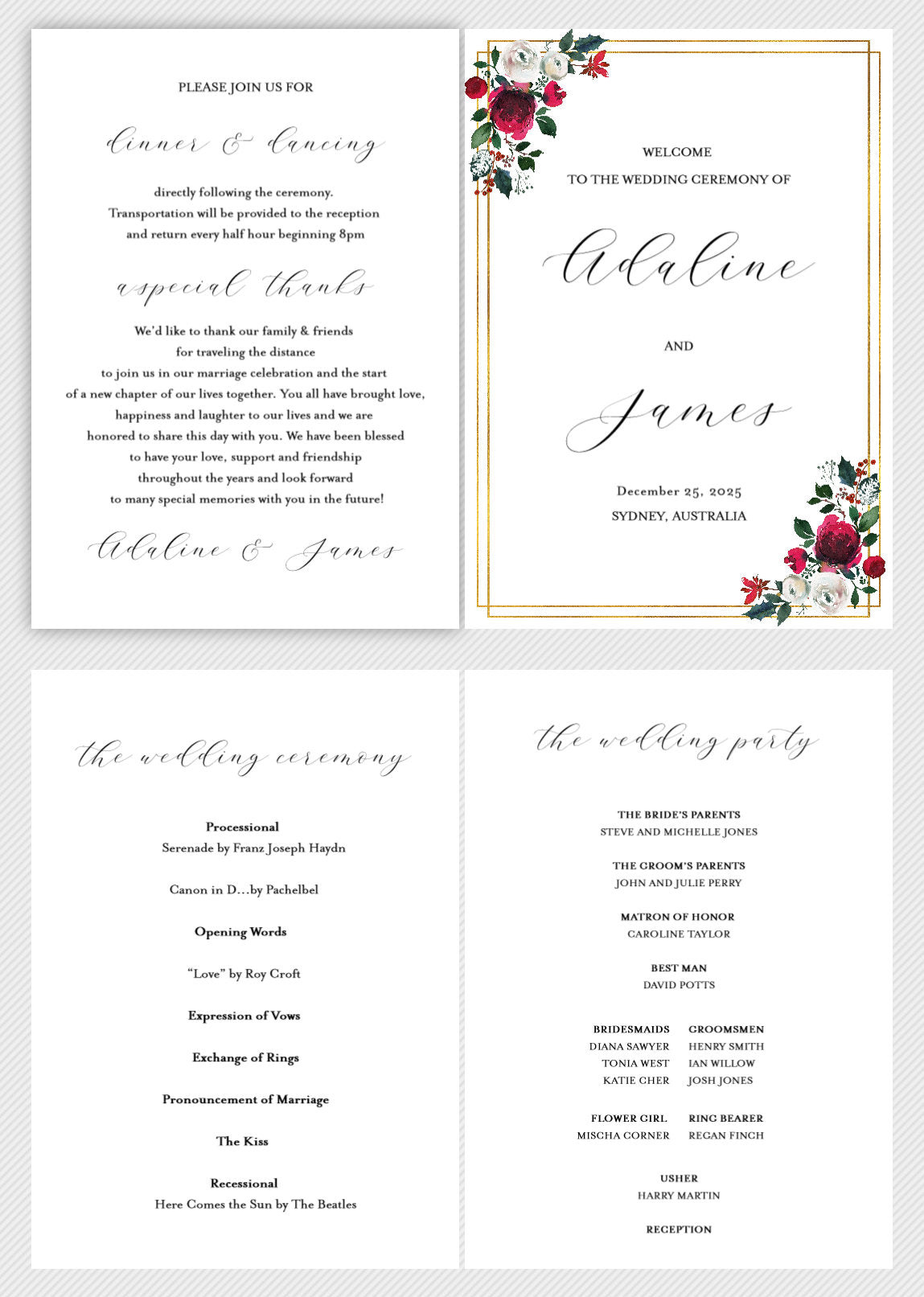 Folded Wedding Ceremony Program Card Editable Template Christmas Wedding Printable Instant Download Order of Service  - Ada MENU|PROGRAMS|TIMELINE SAVVY PAPER CO