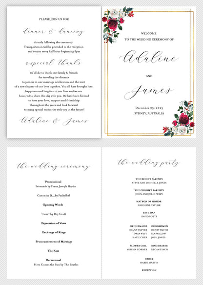 Folded Wedding Ceremony Program Card Editable Template Christmas Wedding Printable Instant Download Order of Service  - Ada MENU|PROGRAMS|TIMELINE SAVVY PAPER CO