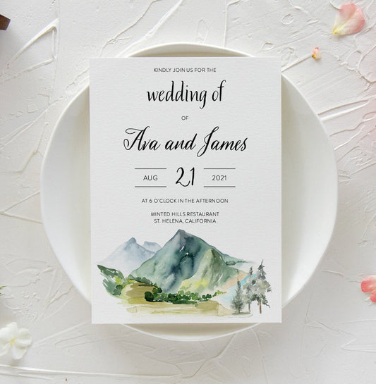 Forest and Mountain Watercolor Wedding Invitation Template, Instant Download, Pine Tree Wedding Invitation, Bohemian Wedding  - Ava  SAVVY PAPER CO