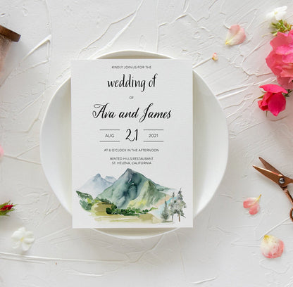 Forest and Mountain Watercolor Wedding Invitation Template, Instant Download, Pine Tree Wedding Invitation, Bohemian Wedding  - Ava  SAVVY PAPER CO