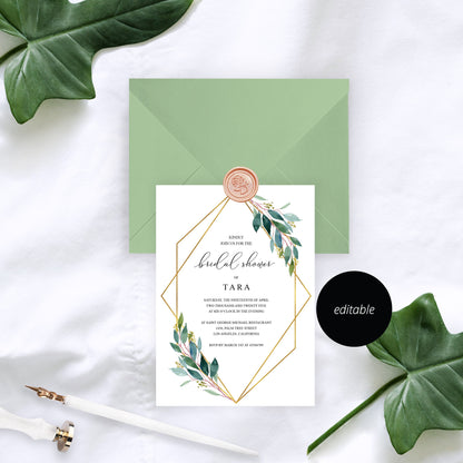 Geometric Greenery Bridal Shower Invitation Instant Download Printable Editable Template DIY Bridal Shower Invite- TARA SHOWERS | BACHELORETTE SAVVY PAPER CO