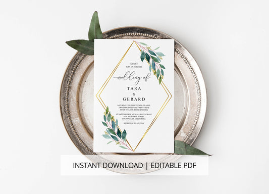 Geometric Greenery Wedding Invitation Editable Template, Printable DIY Instant Download Invites, Digital Download Invitations- TARA WEDDING INVITATIONS SAVVY PAPER CO