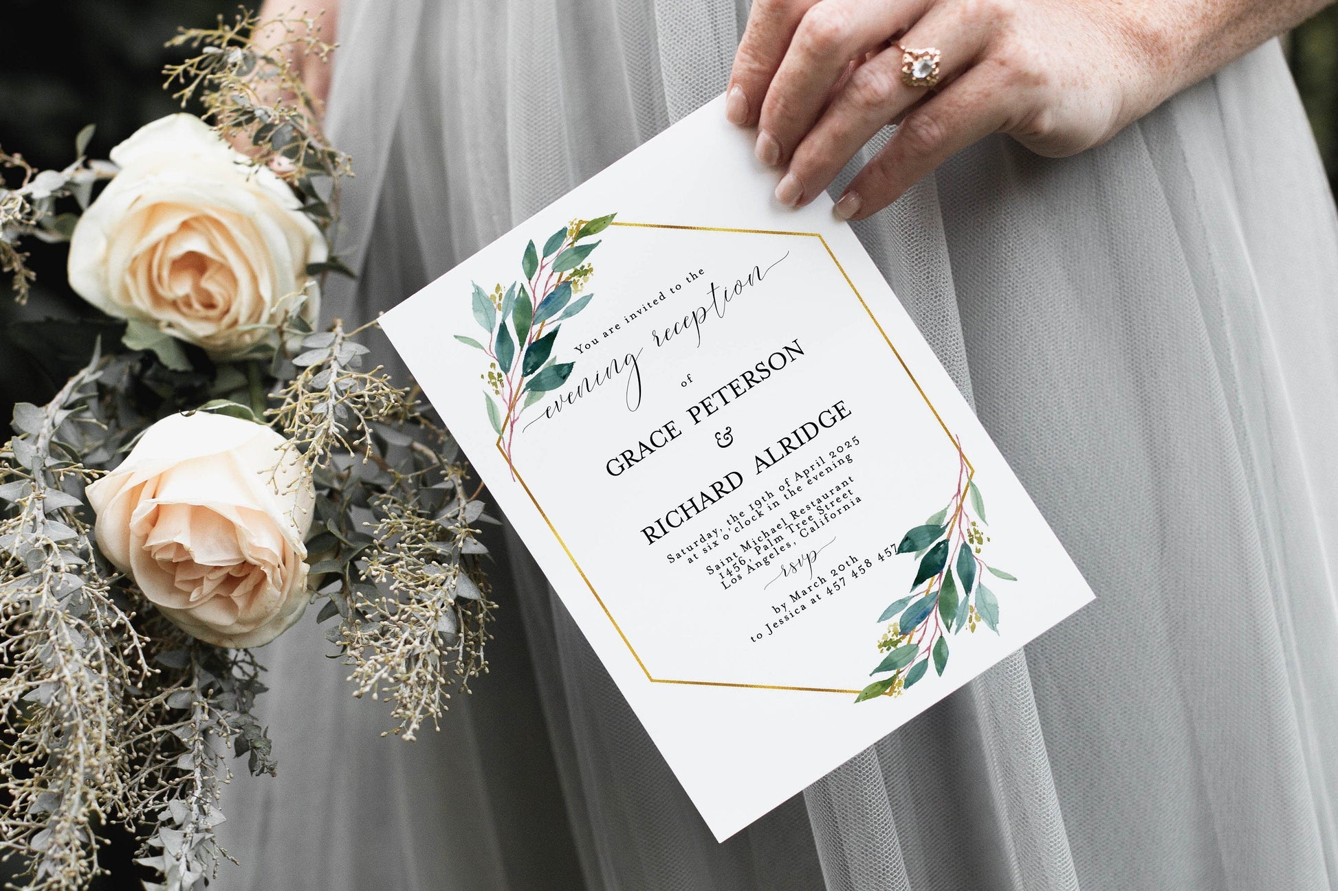 Geometric Wedding Evening Reception Invitation Template Instant Download Templett Printable Editable Greenery Gold - Tara WEDDING INVITATIONS SAVVY PAPER CO