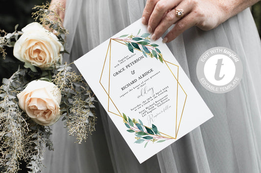 Geometric Wedding Invitation Template Instant Download Templett Printable Wedding Editable Greenery Gold - Tara WEDDING INVITATION SETS SAVVY PAPER CO