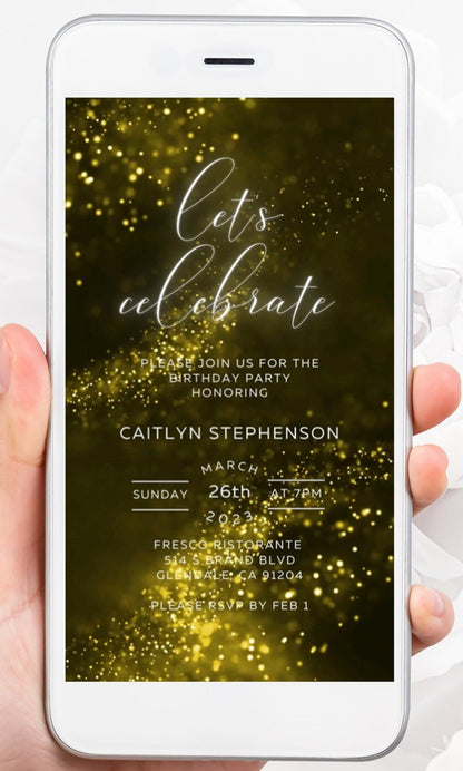 Gold Birthday Celebration Video Invitation, Adult bday Invite, Instant Download, Electronic Birthday Party Glitter Invitation, Any Age - SAVVY PAPER CO