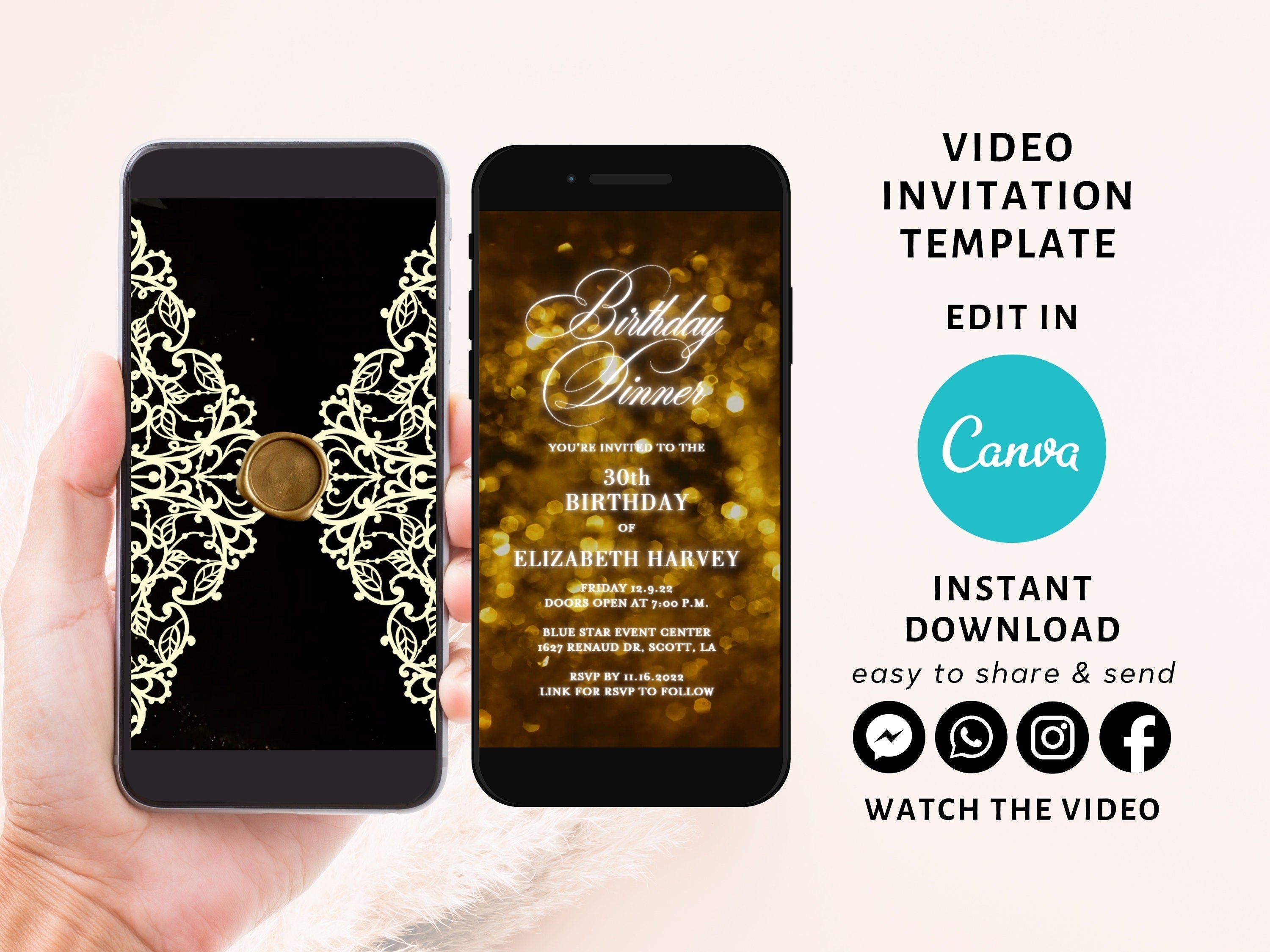 Gold Birthday Invitation, Any Age Editable Invite Template, Electronic ...