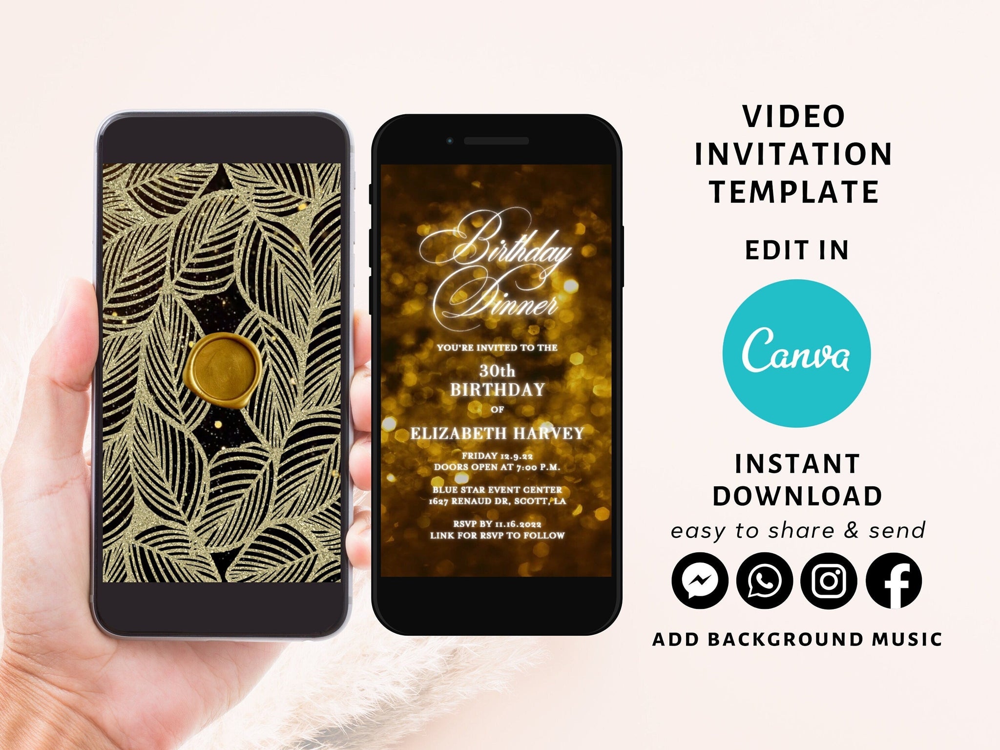 Gold Glitter Birthday Invitation, Any Age Editable Invite Template, El 