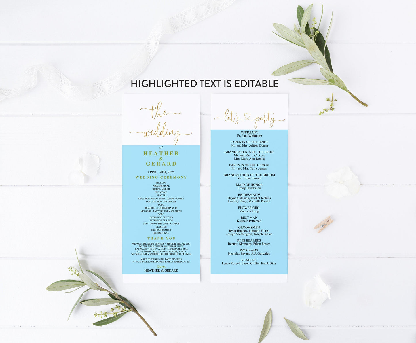 Gold Wedding Program Template Printable Ceremony Programs Editable Template Instant download - Heather MENU|PROGRAMS|TIMELINE SAVVY PAPER CO
