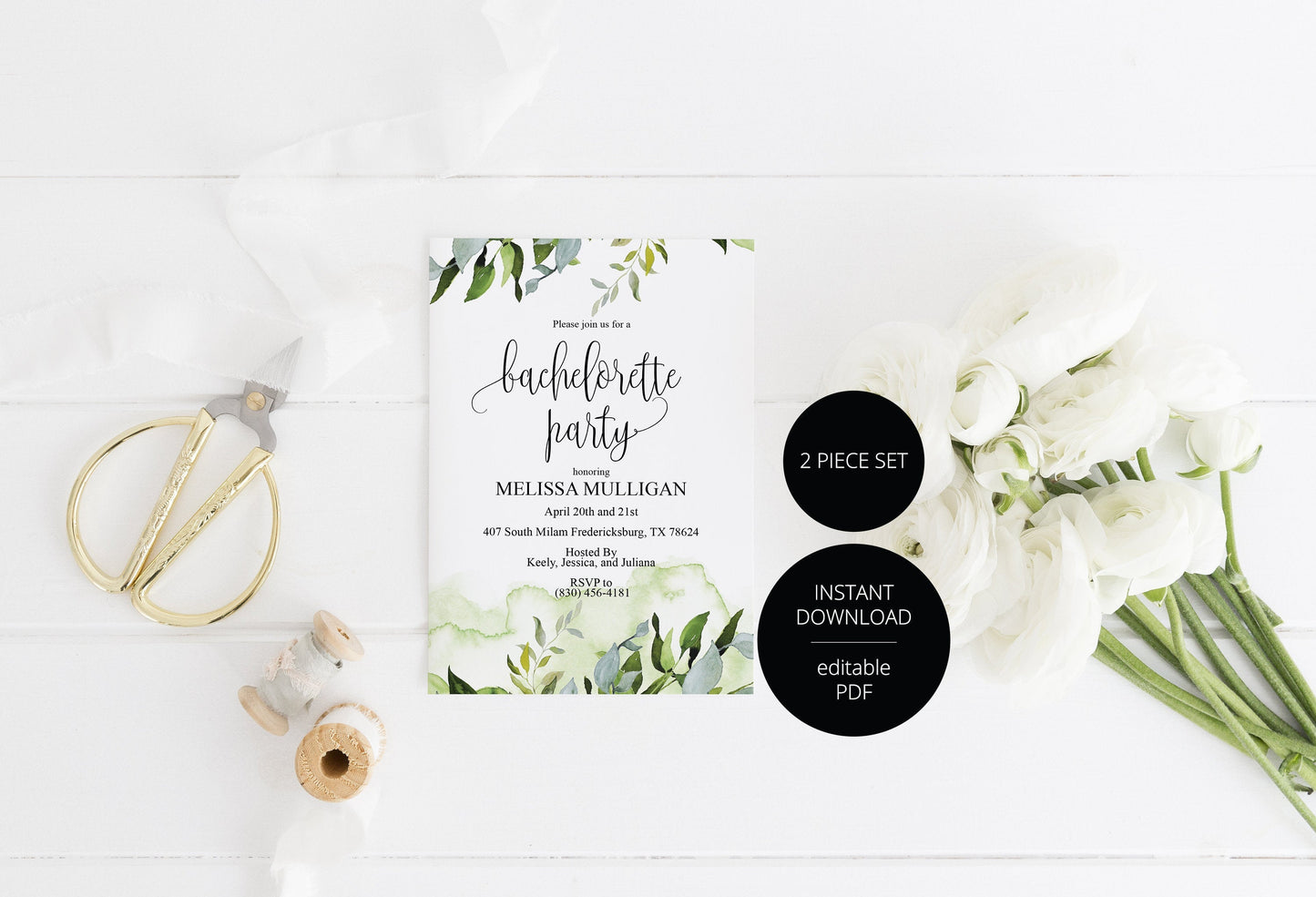 Greenery Bachelorette Party Invite, DIY Editable Instant Download Bachelorette Invites, Rustic Invitation Template - Melissa SHOWERS | BACHELORETTE SAVVY PAPER CO