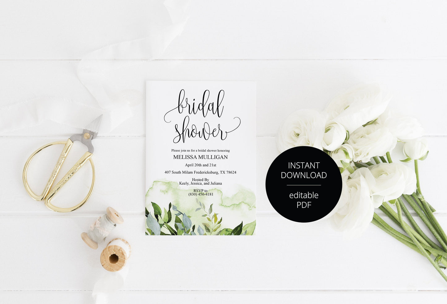 Greenery Bridal Shower Invitation Template, Instant Download, Printable, Editable Invite, DIY, Bridal Shower Invites - Melissa  SAVVY PAPER CO