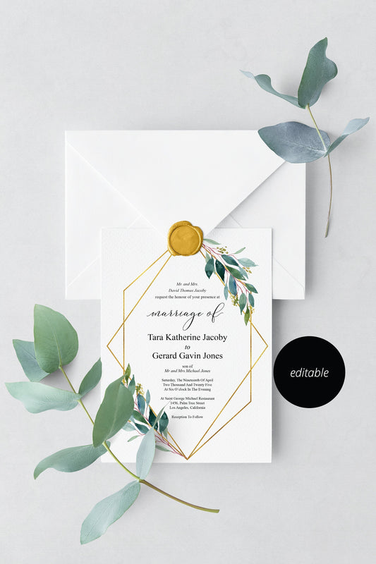 Greenery Geometric Wedding Invitation Editable Template, Printable DIY Instant Download Invites, Digital Download Invitations- TARA WEDDING INVITATIONS SAVVY PAPER CO