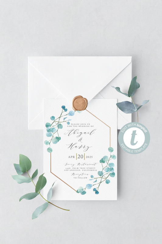 Greenery Geometric Wedding Invitation Template, Printable DIY Instant Download Invites, 100% Editable Invitations -Abi WEDDING INVITATIONS SAVVY PAPER CO