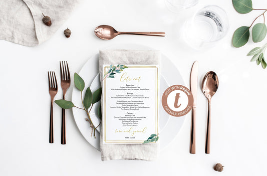 Greenery Gold Wedding Menu Printable Template, Editable Instant Download, Menu Cards, DIY Dinner Menu  - Tara MENU|PROGRAMS|TIMELINE SAVVY PAPER CO