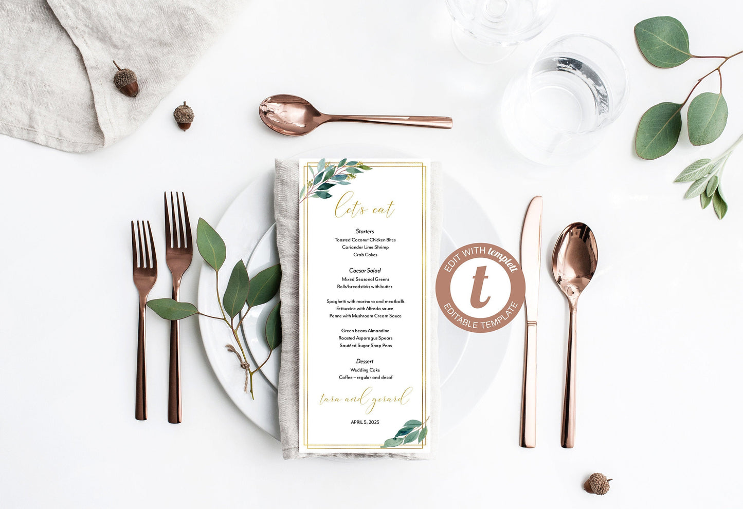 Greenery Gold Wedding Menu Printable Template, Editable Instant Download, Menu Cards, DIY Dinner Menu - Tara MENU|PROGRAMS|TIMELINE SAVVY PAPER CO