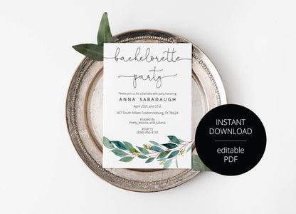 Greenery Watercolor Bachelorette Party Invite,Bride to Be,Itinerary,Printable Invitation,Instant Download,Printable Wedding - ANNA SHOWERS | BACHELORETTE SAVVY PAPER CO