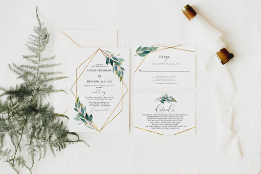 Greenery Wedding Invitation, Elegant Wedding Invite, Printed Wedding Invitation Set, Gold Wedding  [ ]