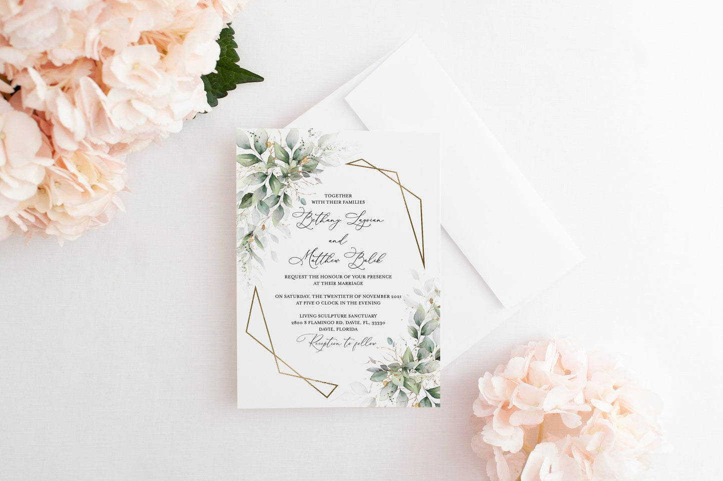 Greenery Wedding Invitation Printed Gold Geometric Frame with Green Leaves Invites  [ ]