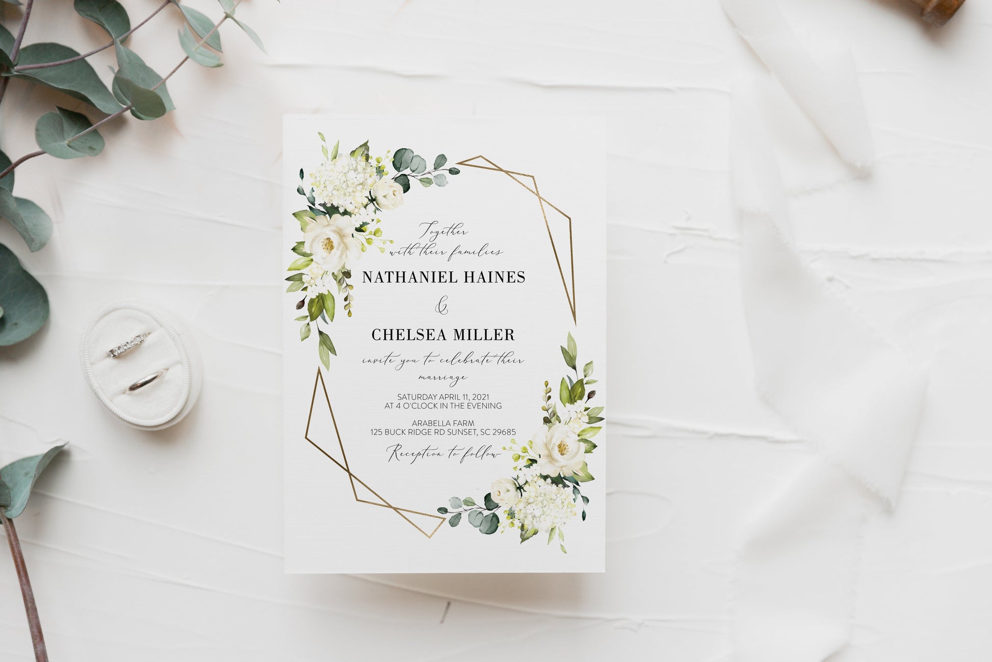 Greenery Wedding Invitation Printed Gold Geometric Frame with Ivory Flowers Invites  [ ]