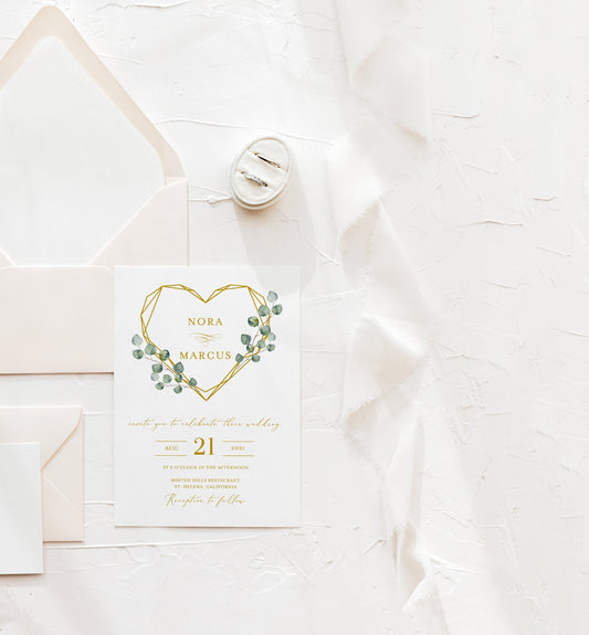 Greenery Wedding Invitation Template, Bohemian Wedding Invite, Instant Download, Wedding Invitation with Heart, Geometric Wedding - NORA  SAVVY PAPER CO
