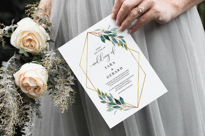 Greenery Wedding Invitation Template Faux Gold Foil Frame  Editable Invitation PDF Printable - TARA WEDDING INVITATIONS SAVVY PAPER CO
