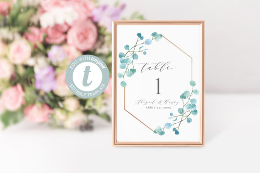 Greenery Wedding Table Numbers Template, Geometric and Gold, Printable Numbers, Instant Download, Table Number Cards  -ABI  SAVVY PAPER CO