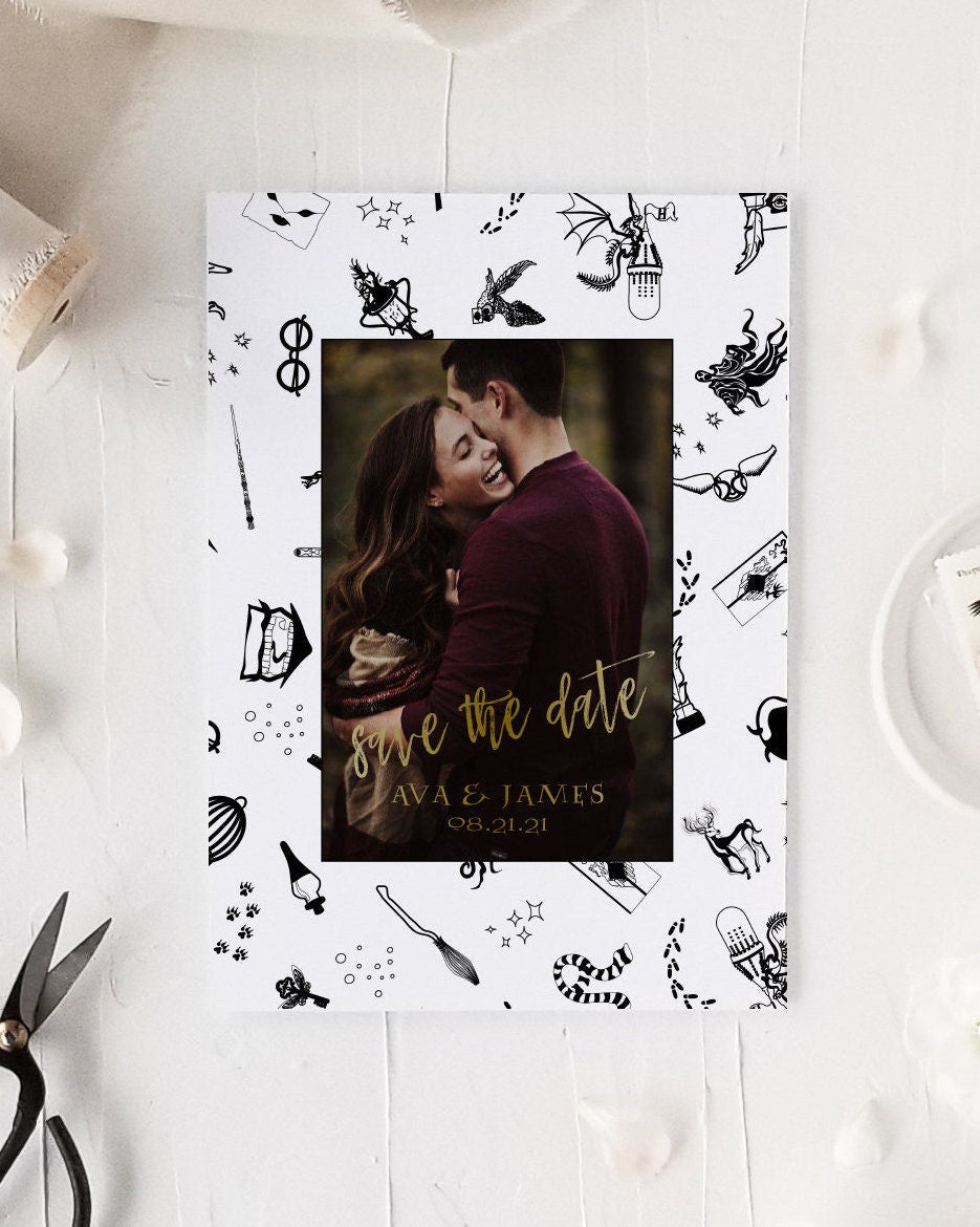 Hogwarts Harry Potter Save the Date with Photo, Wizard Wedding Invite, RSVP, Harry Potter Save the Date Cards Printed  [ ]