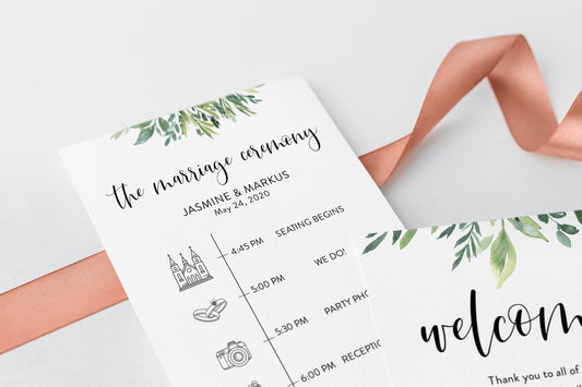 Infographic wedding program Template Card, Timeline Welcome Program Wedding, 100% editable, Greenery Wedding Program - Jasmine  SAVVY PAPER CO