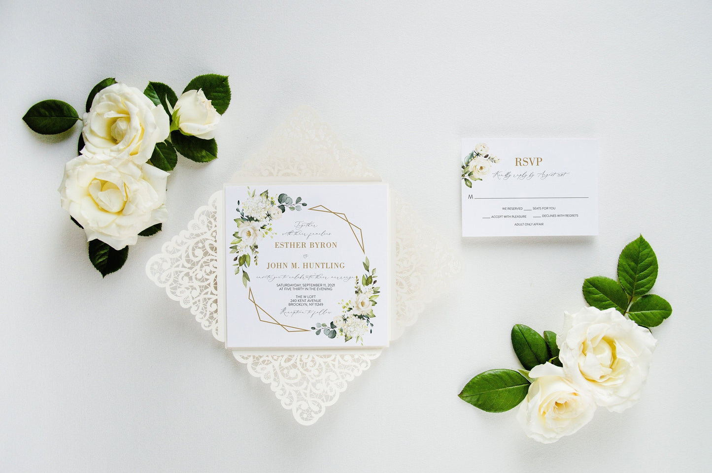 Ivory Wedding Invitation Set, laser cut greenery gold elegant wedding invitation #GLC2  SAVVY PAPER CO