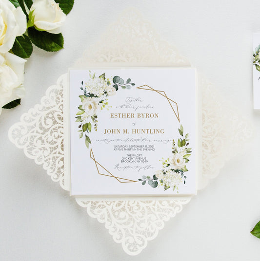 Ivory Wedding Invitations laser cut greenery gold elegant wedding invitation elegant laser cut card  [ ]