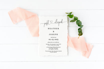 Just Eloped Wedding Invitation Template Editable Printable Calligraphy Heart Wedding Announcement Elopement we eloped Minimal - Heather ELOPEMENT SAVVY PAPER CO