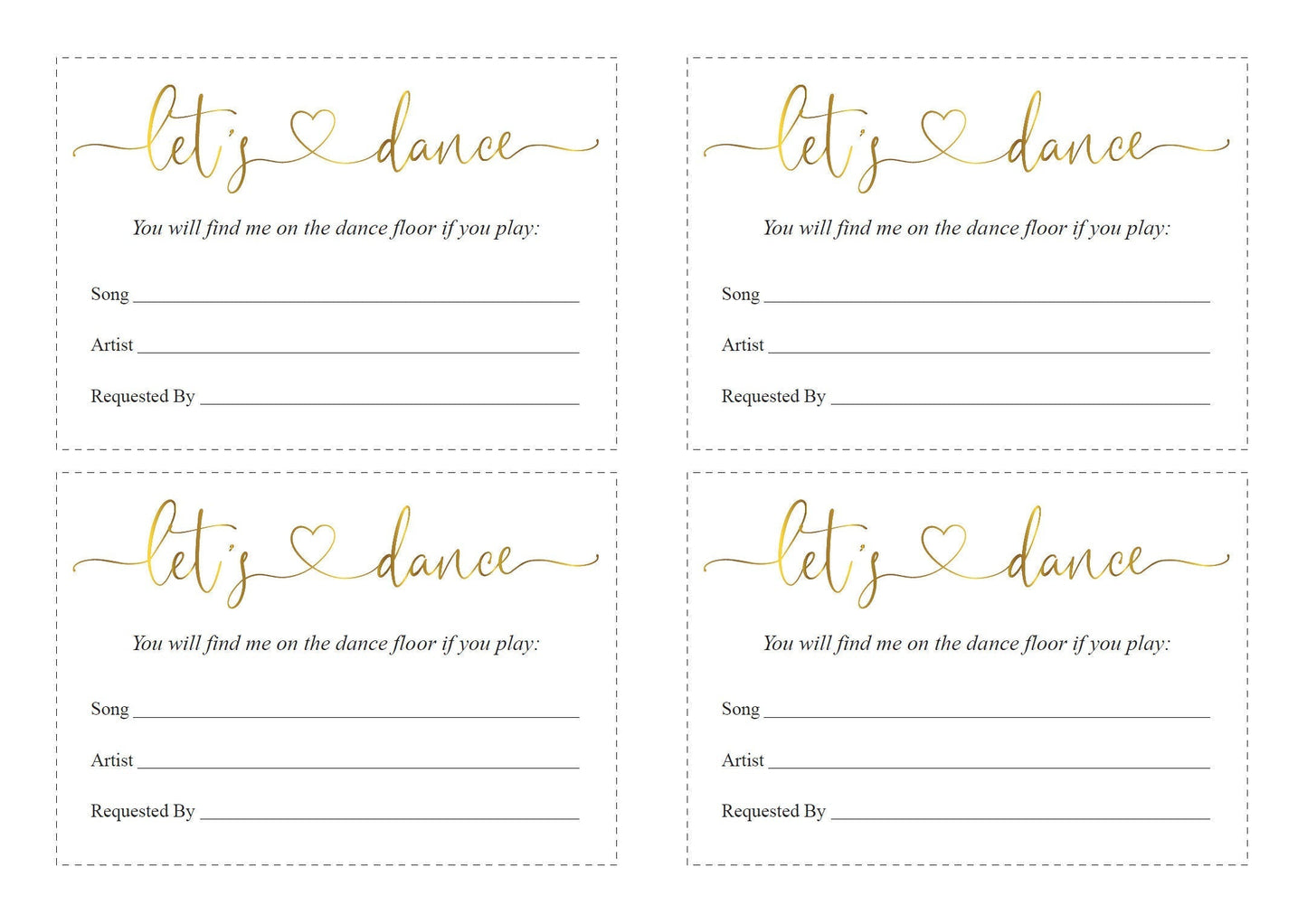 Let's dance card, Song Request Insert Card Template, Dancing Card, Dance Card, RSVP, Wedding Song Request, Gold  - Heather TAGS | TY | INSERTS SAVVY PAPER CO