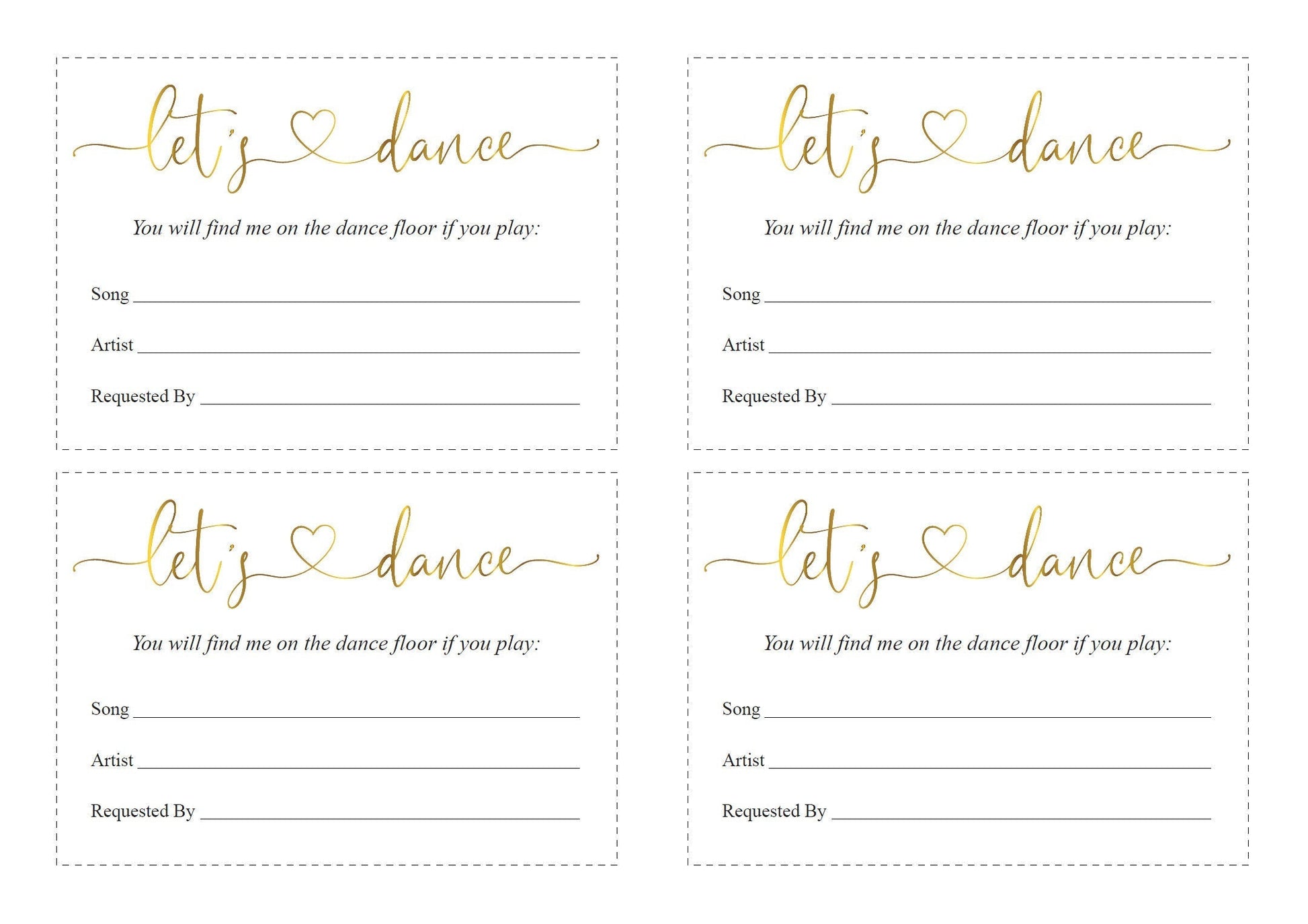 Let's dance card, Song Request Insert Card Template, Dancing Card, Dance Card, RSVP, Wedding Song Request, Gold  - Heather TAGS | TY | INSERTS SAVVY PAPER CO