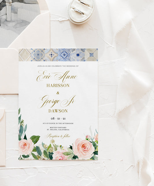 Mediterranean Wedding Invitation Template, Floral Wedding Invite, Blue Tiles Wedding Invites, Gold Foil Printable Wedding - JUDY  SAVVY PAPER CO