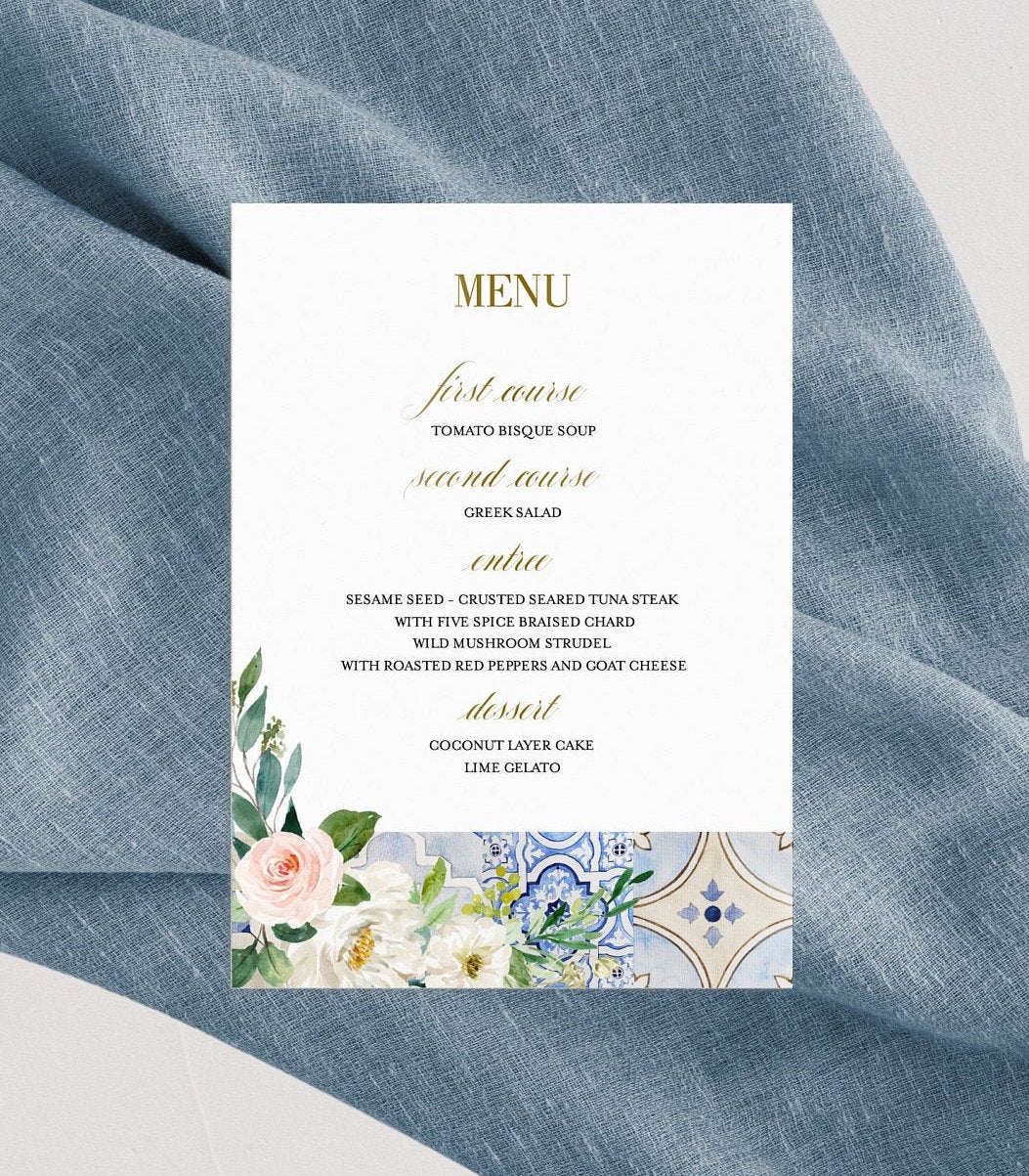 Mediterranean Wedding Menu Template, Greek Accent Wedding Dinner Menu, Blue Tiles Wedding Menu, Gold Foil, Printable Wedding - JUDY  SAVVY PAPER CO