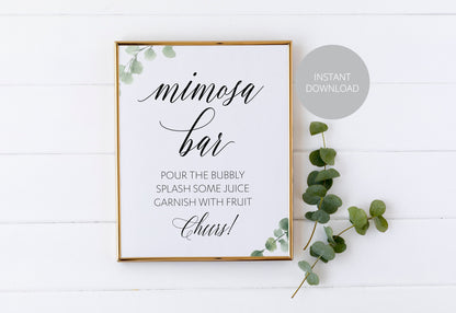Mimosa Bar Sign, Pour the Bubbly, Reception Decor, Wedding Sign,Greenery Wedding, Wedding Printable, Wine Bar, Instant Download SIGNS | PHOTO BOOTH SAVVY PAPER CO