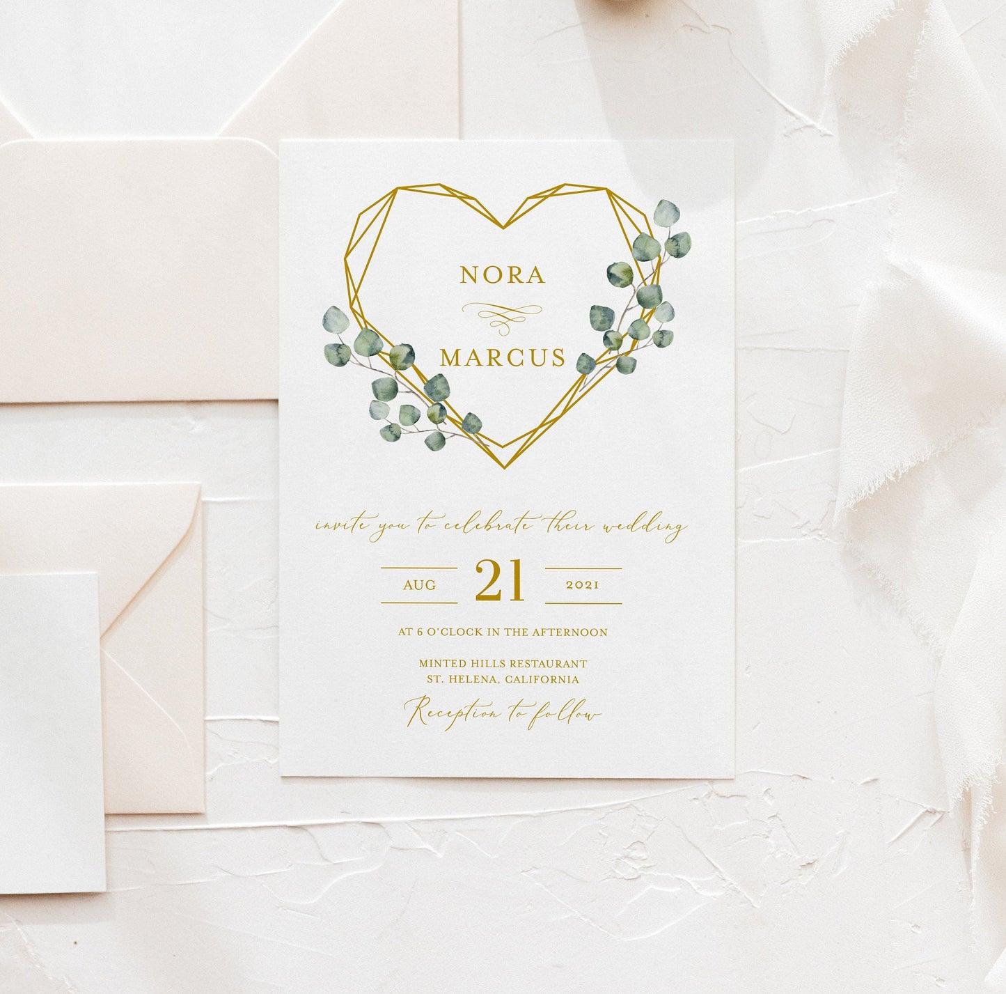 Modern Wedding Invitation Greenery Invitation Floral Wedding Invites Ivory Gold Geometric Wedding  [ ]