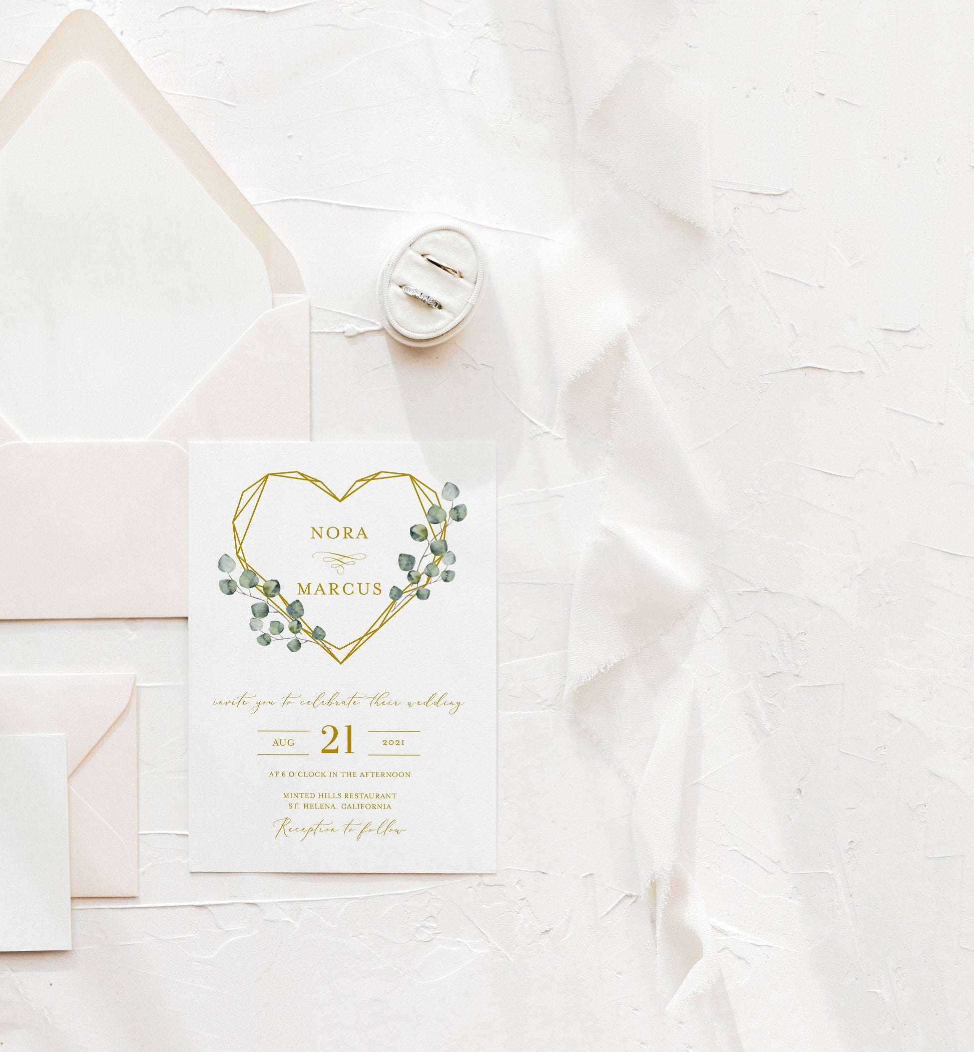 Modern Wedding Invitation Greenery Invitation Floral Wedding Invites Ivory Gold Geometric Wedding  [ ]