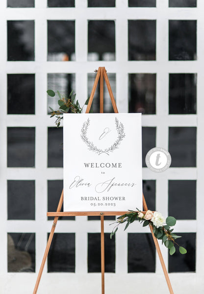 Monogram Wreath Bridal Shower Welcome Sign Printable Template Editable Instant Download Wedding Décor  -Olivia SHOWER/BACH SIGNS SAVVY PAPER CO