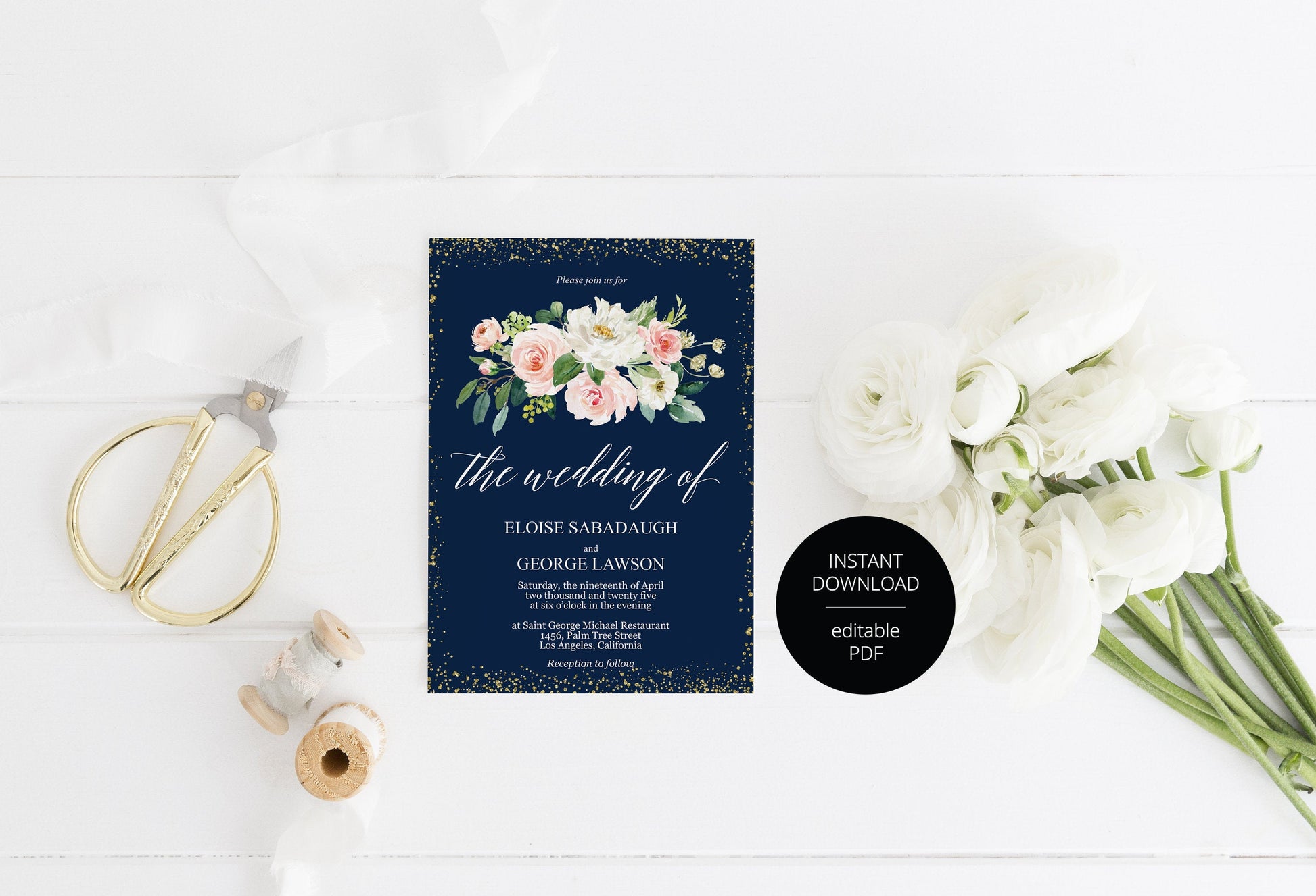 Navy Blue Floral Wedding Invitation Editable Template, Printable DIY Instant Download Invites, Digital Download Invitations-Eloise WEDDING INVITATIONS SAVVY PAPER CO