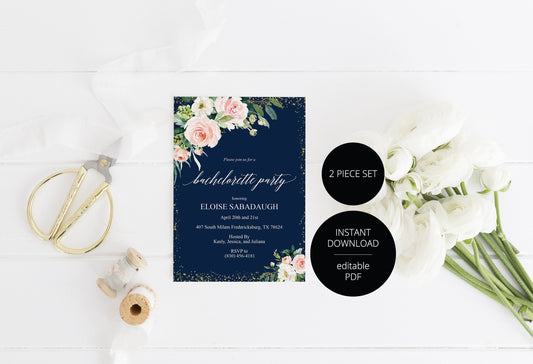 Navy Gold Bachelorette Party Invite, DIY Editable Instant Download Bachelorette Invites, Invitation Template - Eloise SHOWERS | BACHELORETTE SAVVY PAPER CO