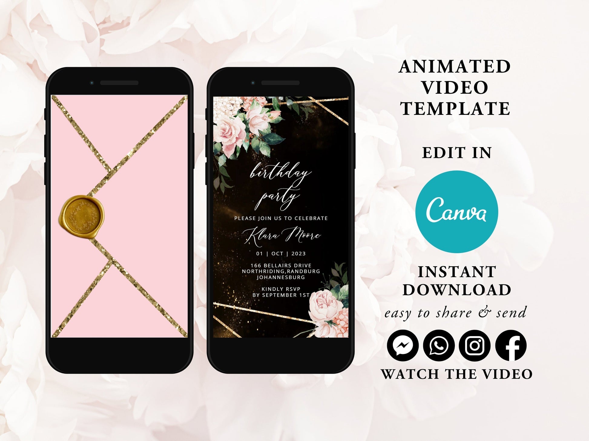 Opening Blush Envelope Birthday Invitation Template, Digital Animated  Invite, Gold Video invitations, Instant Download Evite, Any Age