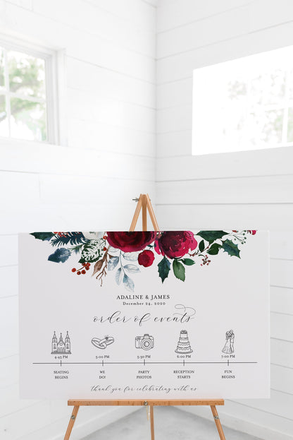 Order of Events Sign Template Burgundy Christmas Wedding Itinerary Sign Timeline Sign Printable  - ADA SIGNS | PHOTO BOOTH SAVVY PAPER CO