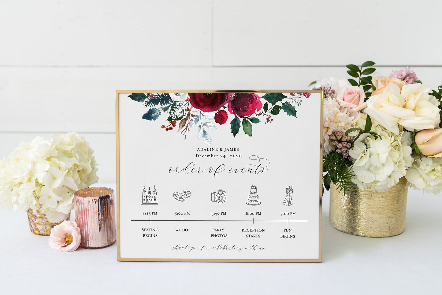 Order of Events Sign Template Burgundy Christmas Wedding Itinerary Sign Timeline Sign Printable  - ADA SIGNS | PHOTO BOOTH SAVVY PAPER CO