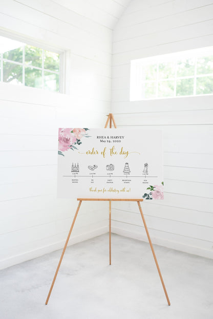 Order of Events Sign Template Greenery Wedding Itinerary Sign Timeline Sign Printable Blush Floral Dusty Blue  - Rhea SIGNS | PHOTO BOOTH SAVVY PAPER CO