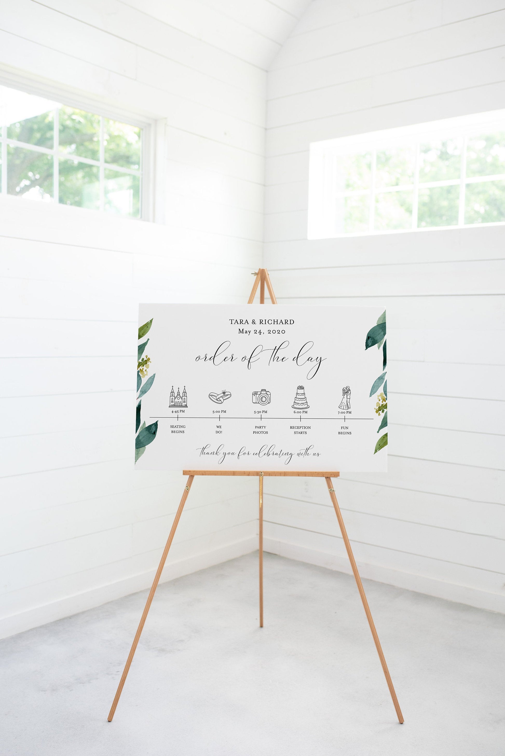 Order of Events Sign Template Greenery Wedding Itinerary Sign Timeline Sign Printable  - Tara SIGNS | PHOTO BOOTH SAVVY PAPER CO