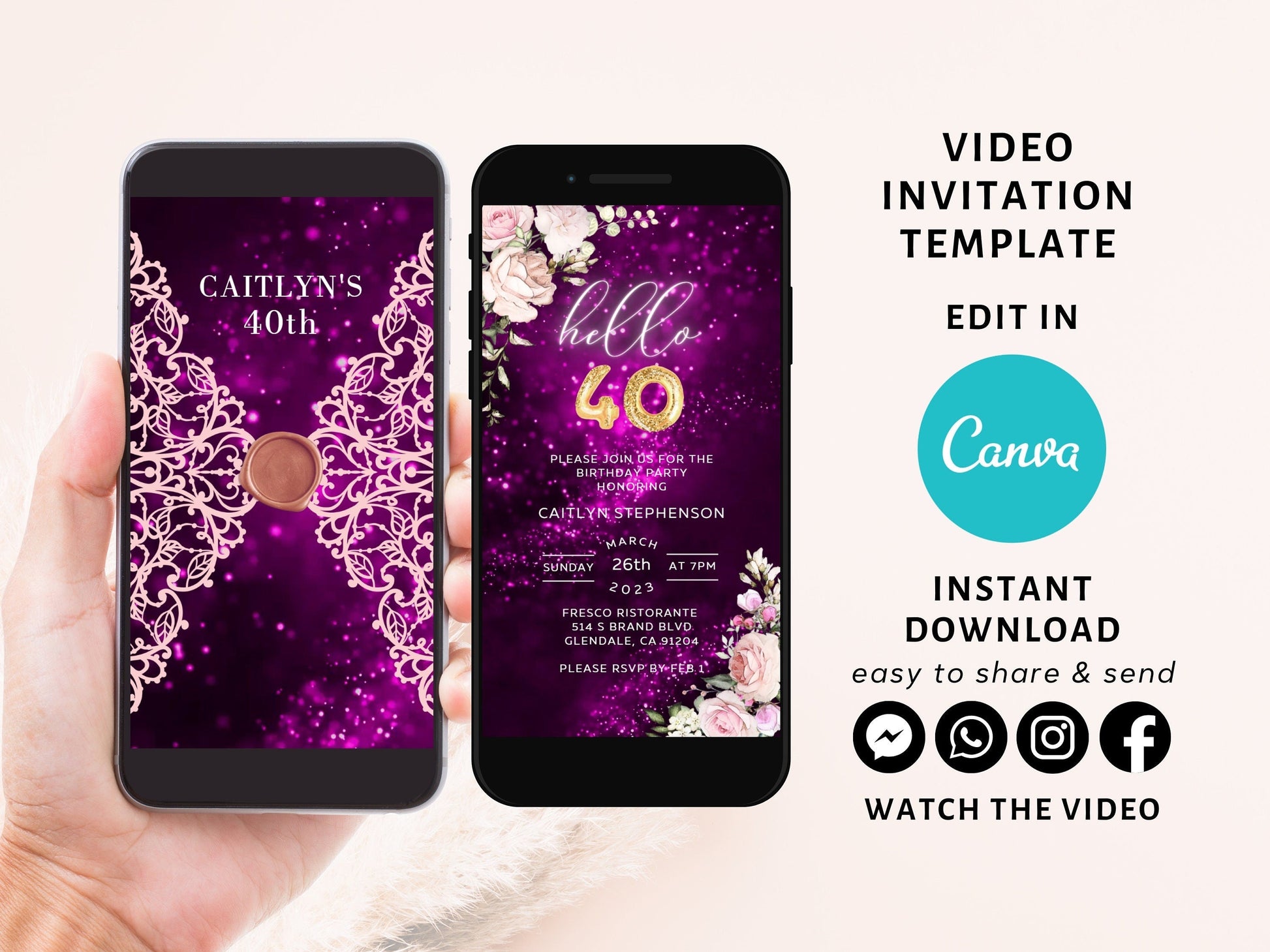 Pink 40th Birthday Invitation, Any Age Editable Invite Template, Electronic Birthday Invite, Dripping Digital Evite Instant Download  SAVVY PAPER CO