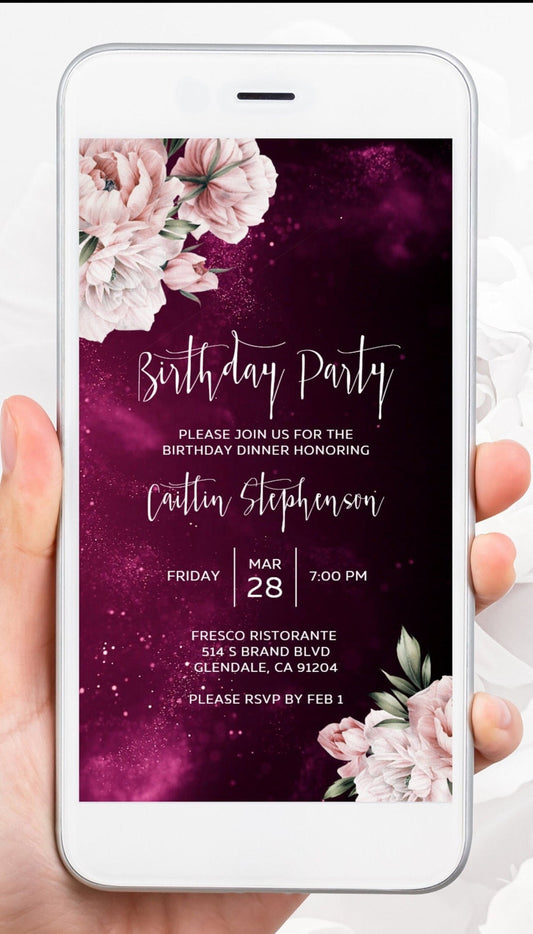 Pink Birthday Party Invitation, Floral Any Age Editable Birthday Invite Template, Electronic Birthday Invites, Digital Evite, Floral ecard  SAVVY PAPER CO